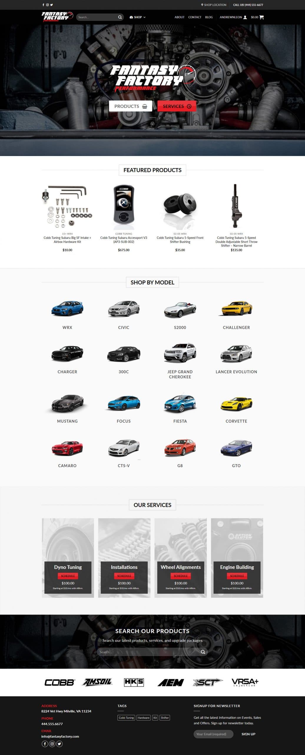 Homepage design for a car modification business, showcasing a detailed pricing structure, a variety of car models, and an array of offered services.