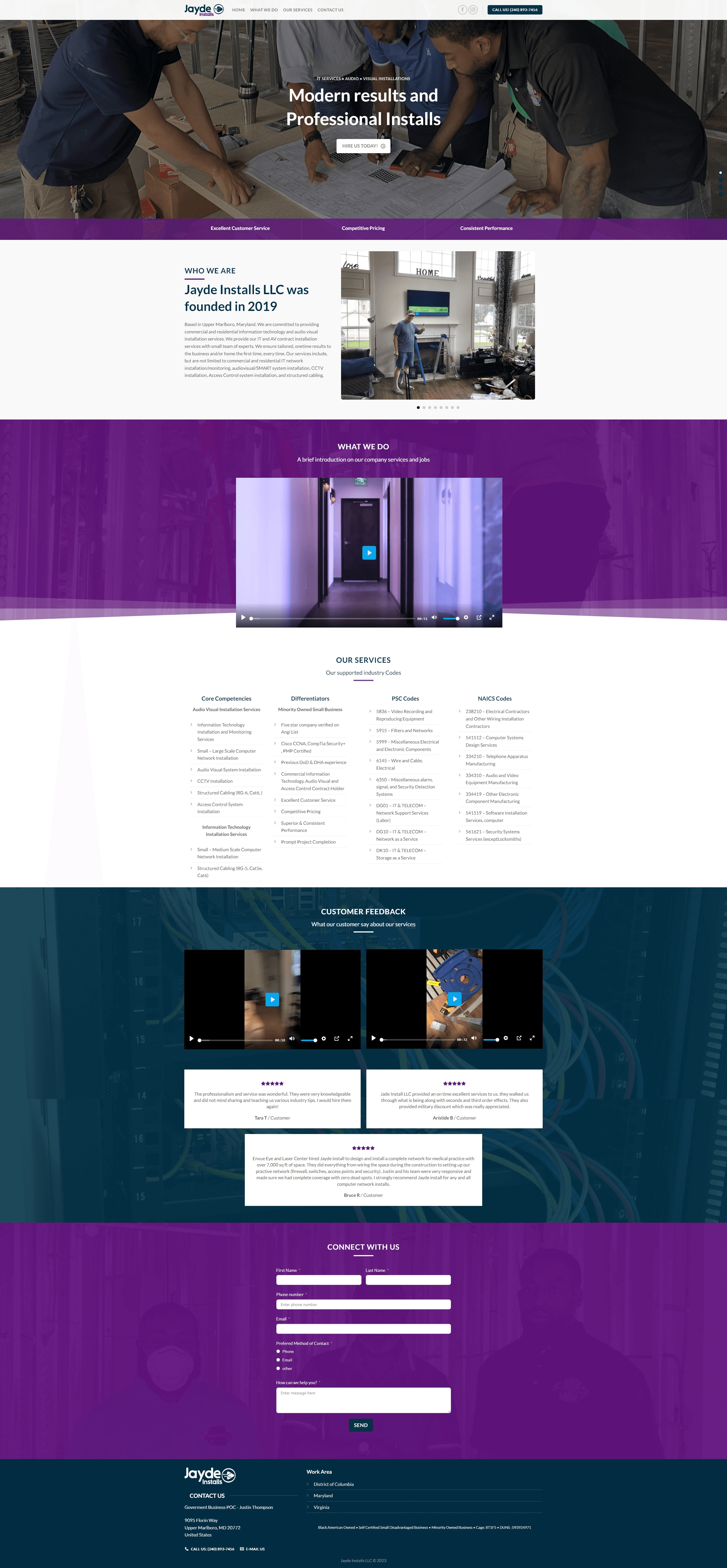 In designing the one-page layout for an IT and AV installation company, I, as a senior front-end developer, encapsulated our digital prowess and service spectrum. The layout, marked by an intuitive logo and seamless navigation, unfolds into a hero section that underscores our value proposition, followed by concise descriptions of services and qualifications.