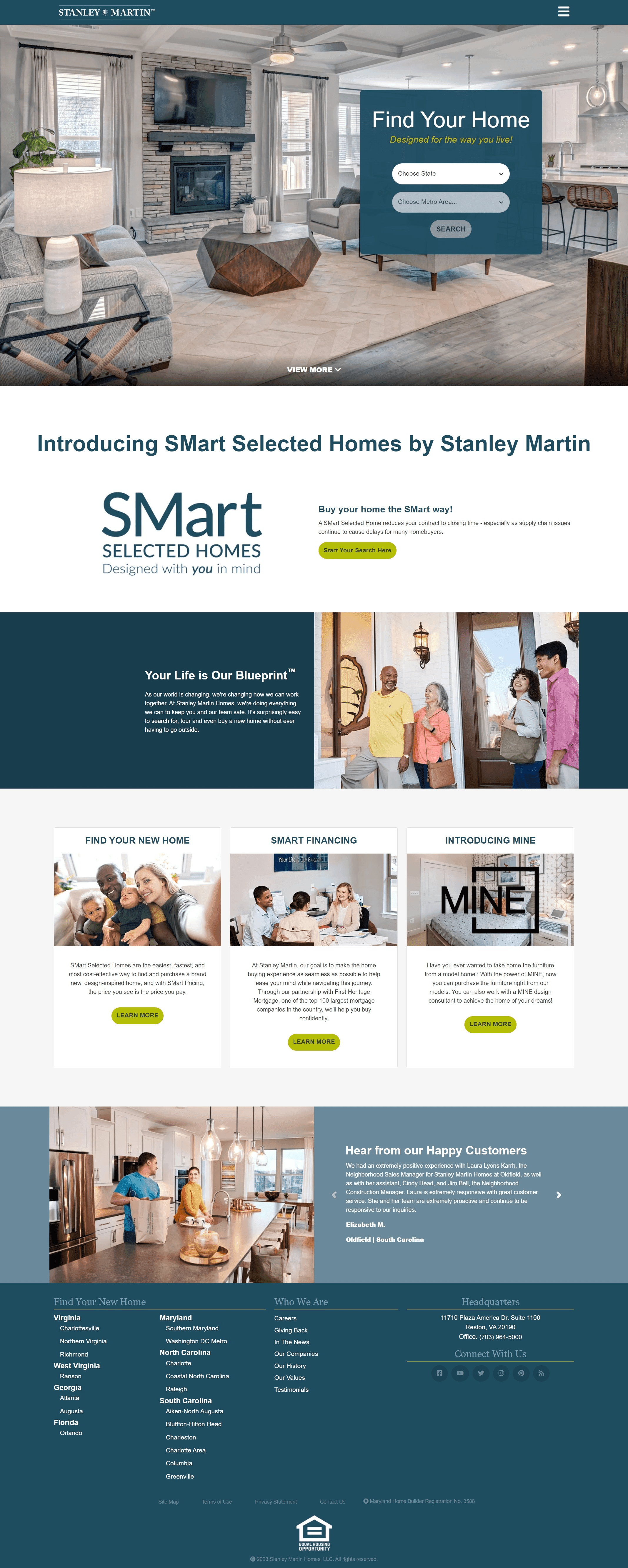 A full webpage design displaying various aspects of a homebuilding company, including details about their services across different states and career opportunities, featured prominently on the homepage.