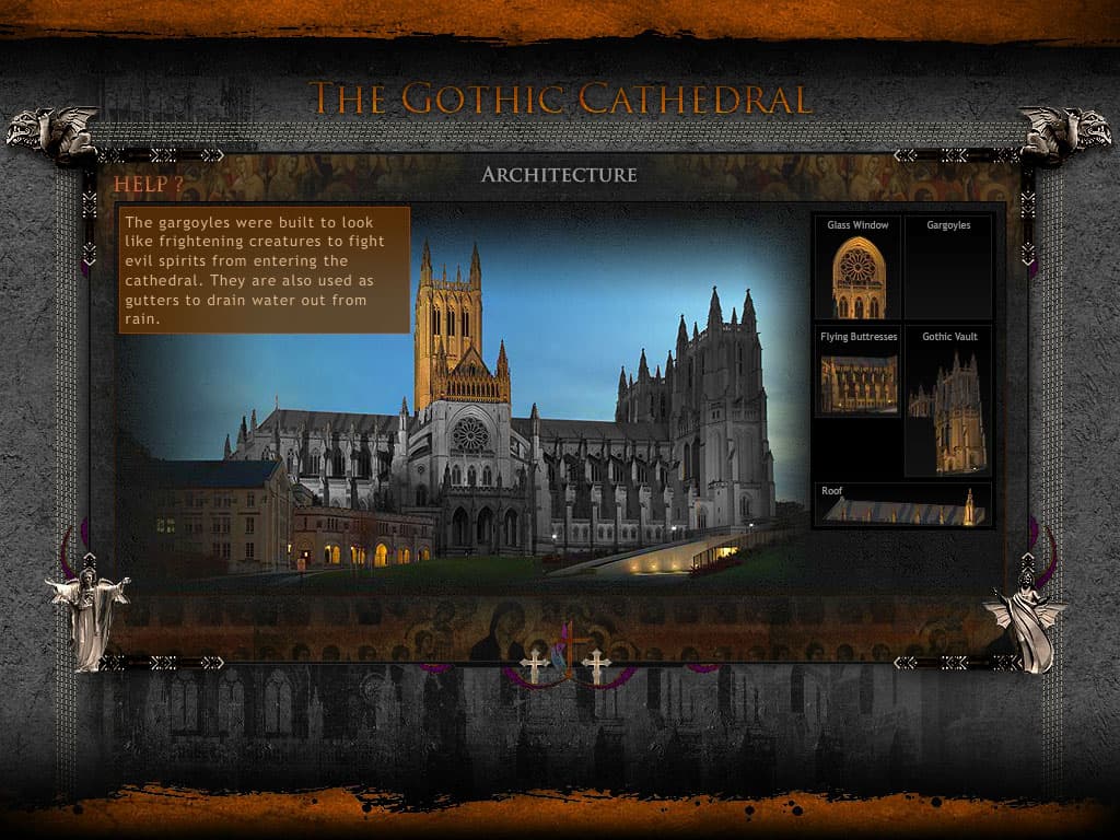 Architectural features of a Gothic cathedral, including vaulted ceilings, buttresses, and detailed stonework, emblematic of the Gothic architectural style.